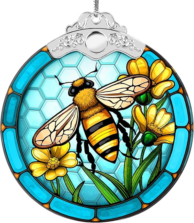 2025 Christmas Ornaments, Christmas Tree Ornaments Acrylic, Faux Stained Glass Effect White Elephant Gifts Exchange, Unique Suncatcher Xmas Stocking Stuffers for Women, Men (Bee)