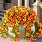 Artificial Fake Hanging Flowers Plants for Outdoor Decoration, 2PCS Faux Silk Morning Glory Long Vines Stems UV Resistant Look Real for Spring Summer Outside Home Porch Patio, Orange Yellow