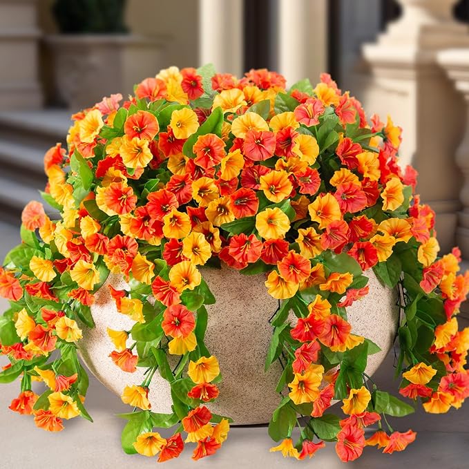 Artificial Fake Hanging Flowers Plants for Outdoor Decoration, 2PCS Faux Silk Morning Glory Long Vines Stems UV Resistant Look Real for Spring Summer Outside Home Porch Patio, Orange Yellow