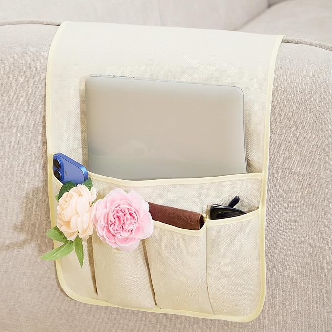 Sofa Armrest Organizer Non-Slip Arm Chair Hanging Caddy Remote Control Holder for Magazine,Tablet, Phone, Books, Glasses(Beige,13in)