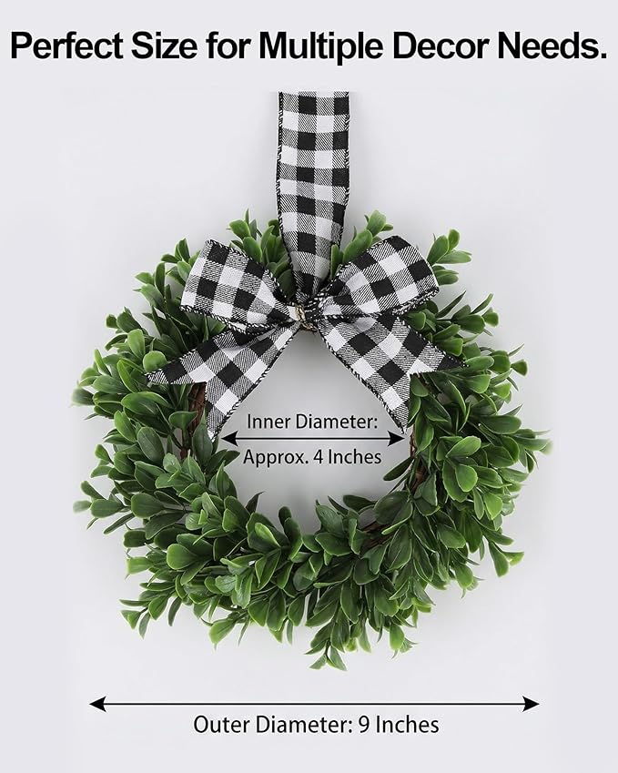 Mini Eucalyptus Wreaths for Kitchen Cabinets, Small Farmhouse Greenery Wreath Candle Rings with Buffalo Check Bow, Realistic Boxwood Leaf Wall Window Indoor Outdoor Decor, UV Protected