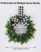 Mini Eucalyptus Wreaths for Kitchen Cabinets, Small Farmhouse Greenery Wreath Candle Rings with Buffalo Check Bow, Realistic Boxwood Leaf Wall Window Indoor Outdoor Decor, UV Protected