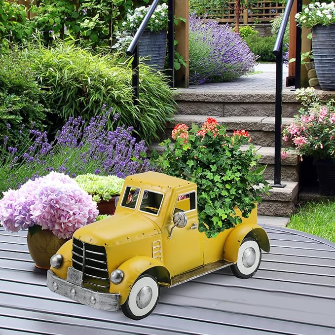 Vintage Farmhouse Yellow Fall Truck Decor, Rustic Metal Car Trucks Decors, Indoor Kitchen Storage Decorations, Outdoor Farm Pick-up Collectible Sunflower Pumpkin Vehicles