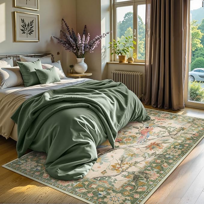 Lahome Botanical Birds 5x7 Washable Living Room Rug, Boho Green Bedroom Dining Room Rugs for Under Table, Large Vintage Indoor Floor Carpet for Home Office Entryway (5x7ft,Green)