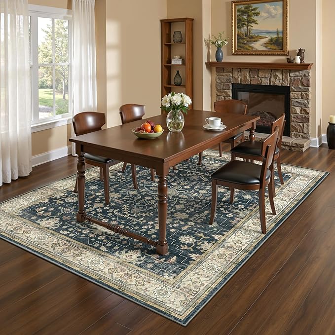 Lessymo 5x7 Area Rugs for Living Room, Washable Rug for Bedroom Dinning Room Farmhouse Home Office, Boho Soft Non-Slip Carpet Pets Friendly, Stain Resistance Vintage Floral Moody Decor, Black Brown