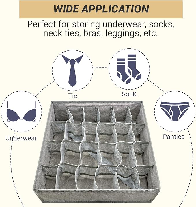 2 Pack 48-Cell Fabric Sock Organizer and Tie Organizer For Men - Fabric Foldable Drawer Divider for Socks, Underwear, Ties and Belts - Foldable, Multi-Cell Design, Space-Saving (Grey)