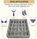 2 Pack 48-Cell Fabric Sock Organizer and Tie Organizer For Men - Fabric Foldable Drawer Divider for Socks, Underwear, Ties and Belts - Foldable, Multi-Cell Design, Space-Saving (Grey)