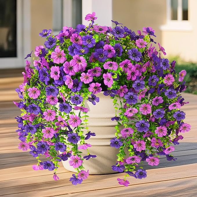 INQCMY 2Pcs Artificial Fake Hanging Flowers for Outdoors UV Resistant Artificial Plants for Spring Summer Decor Look Real Faux Flowers for Outside Home Planter Porch Patio Decor