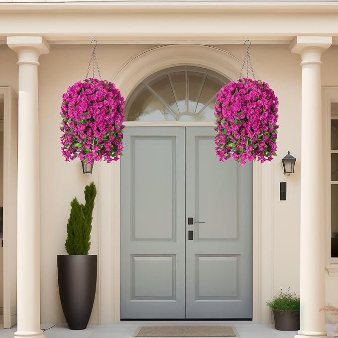 Artificial Faux Hanging Flowers Basket for Spring Summer Outdoor Porch Decoration, Fake Silk Colorful Morning Glory Eucalyptus in Planter UV Resistant for Home Balcony Yard(Red Purple)