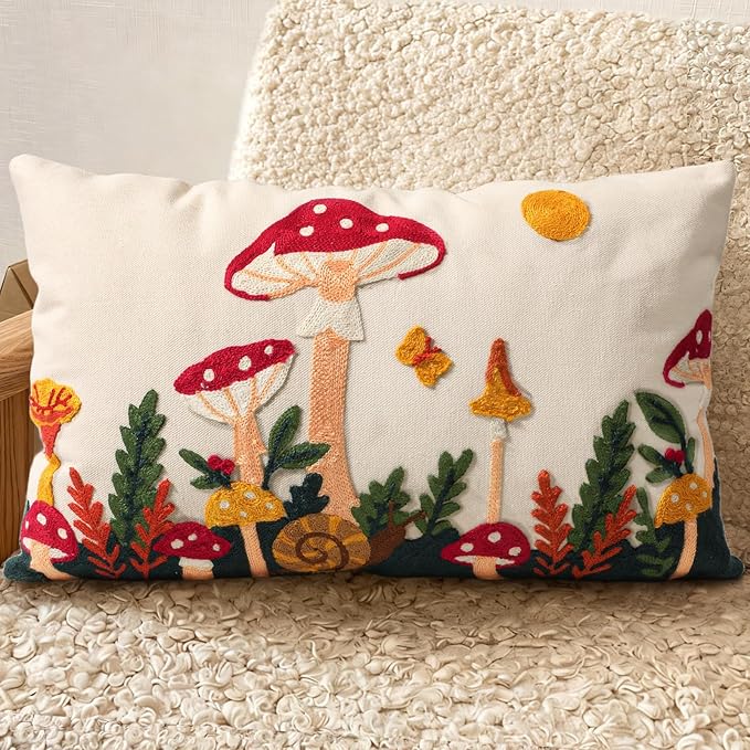 Embroidered Lumbar Pillow Cover 20x12 Inch - Spring Summer Boho Decorative Pillow Cover with Zipper for Living Room Couch Sofa Bed Aesthetic Design Mushroom Moon Cushion Pillowcase