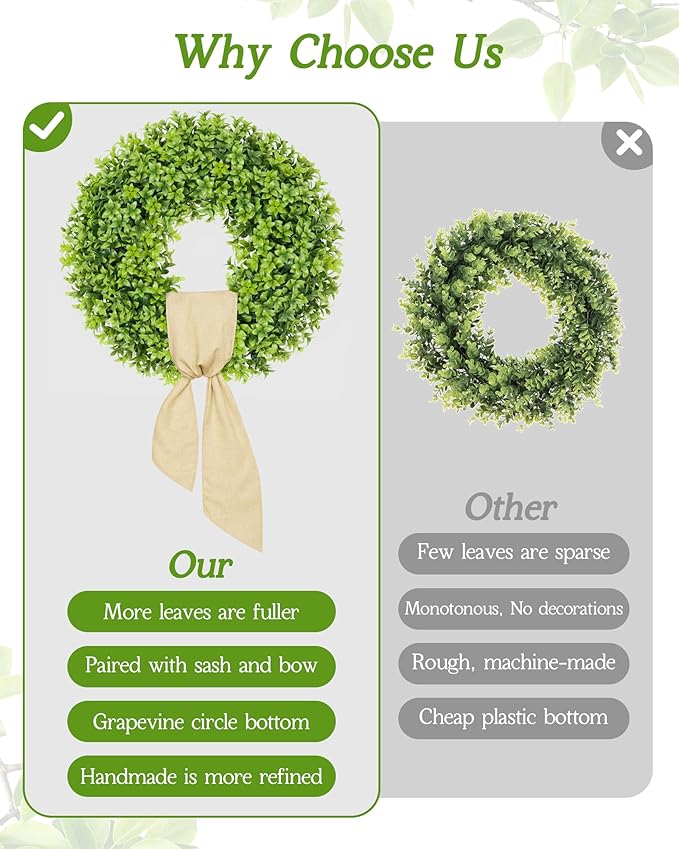 Vlorart 20 Inch Boxwood Wreaths for Front Door, Artificial Spring Wreath for Wall Farmhouse Wedding Porch Green Wreath with Sash Year Round Indoor Outdoor for Summer Farmhouse Wreaths Home Decorations