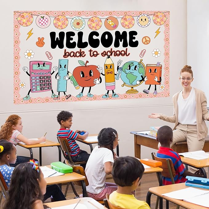 Pajean Welcome Back to School Bulletin Board Set Hippie Retro Classroom Decorations Cute Stationery Apple Cutouts with Groovy Daisy Borders for First Day of School Library Decor Office Supplies