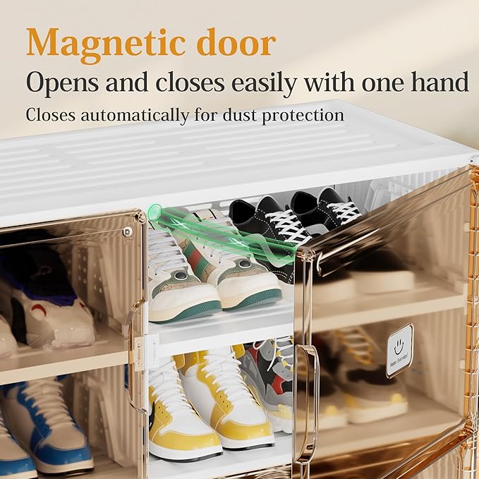 Foldable Shoe Rack Organizer for Entryway with Clear Magnetic Doors - Large Capacity Shoe Cabinet for Boots, Sneakers & All Shoes, Easy Assembly, White 9-Tier 36 Pairs