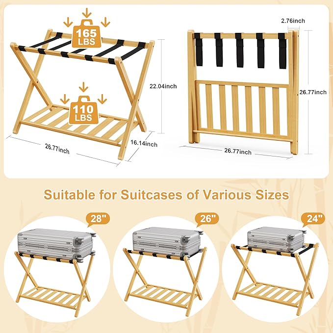 26.77"L Luggage Rack, Natural Luggage Rack for Guest Room, Bamboo Folding Suitcase Stand with Storage Shelf, 5 Nylon Straps, Heavy Duty Luggage Holder for Bedroom Hotel, 1 Pack, Gift Box Packaging