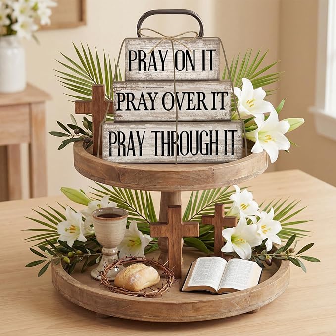 Yuntau 4 Pcs Farmhouse Wooden Tabletop Decor Bible Verse Tiered Tray Decorations Rustic Religious Christian Gift Block Sign Pray on It Centerpiece for Easter Home Kitchen Shelf Office Desk Decor