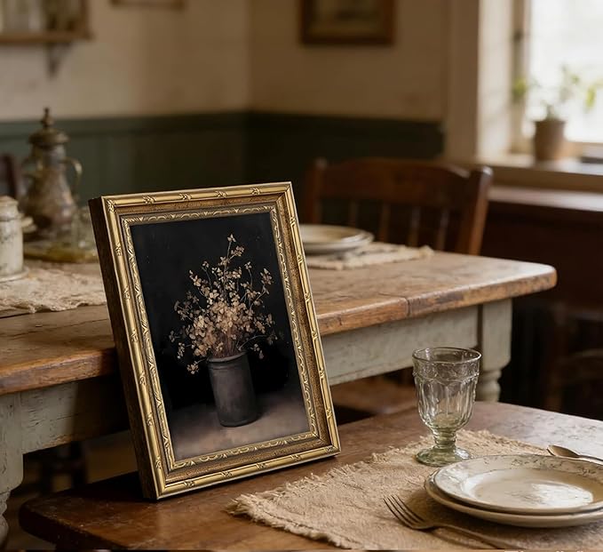 Vintage Gold Framed Wall Art Fall Dried Flowers Antique Vase Country Oil Painting Canvas Prints Dark Moody Rustic Still Life Picture Gothic Victorian Botanical Poster Artwork for Bedroom,16x24in