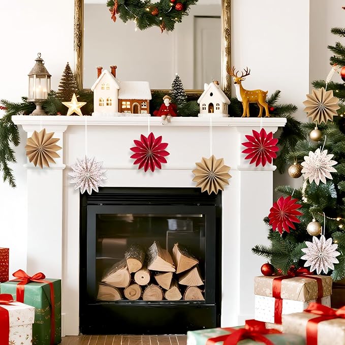 EASY JOY Christmas Hanging Decorations-9Pcs Small Christmas Paper Ornaments 3D White Red Brown Snowflake Ornaments Xmas Tree Decorations Outdoor Indoor for Xmas Boho New Year Home Decor