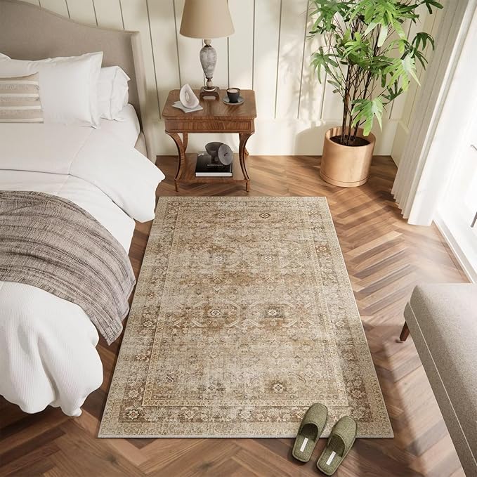 Washable 4x6 Rugs for Living Room, Boho Non-Slip Vintage Distress Small Rugs for Bedroom Nursery Office, 0.3" Neutral Oriental Throw Thin Carpet with Cushioning Pad, Brown/White/Multi