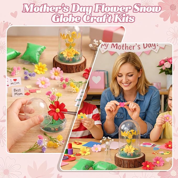 Newtay 12 Sets Mother's Day Flower Snow Globe Craft Kits with Artificial Flower Stickers Clay DIY Plastic Globe Kit Art Activity Project for Home Spring Party Supplies