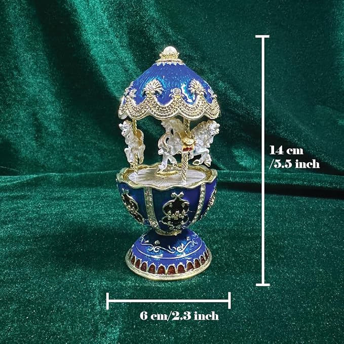 Gilded Blue Carousel Music Box, Rotating Horse Christmas Tune Jewelry Box, Enameled Trinket Keepsake with Gold Accents