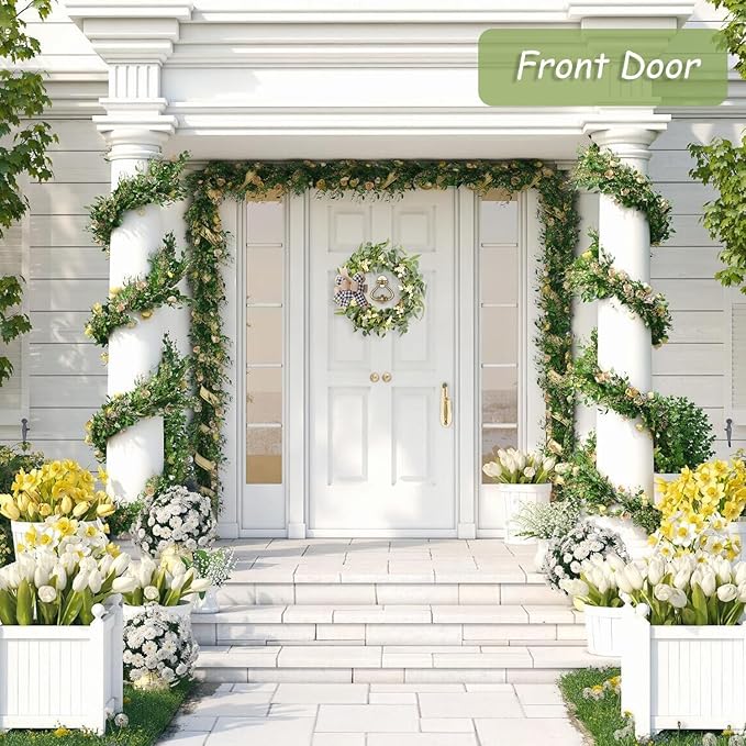 Artificial Eucalyptus Wreath for Front Door|20" Green Leaf Wreath for Window Home Porch Farmhouse Patio and Garden Indoor Outdoor Decor with Bow for Spring Summer Fall Winter