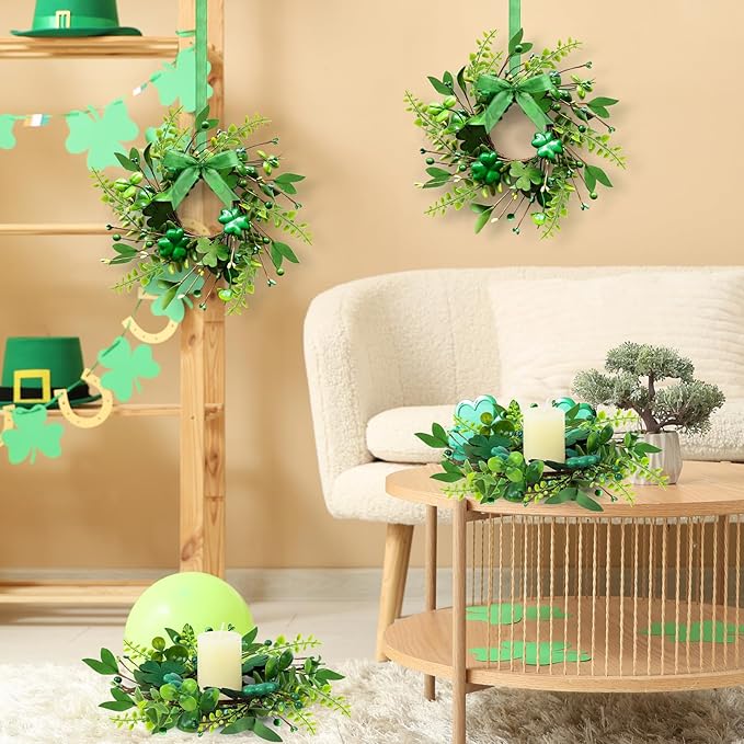 4 PCS Mini St. Patrick's Day Glitter Shamrocks Wreath for Front Door St. Patrick's Day Kitchen Cabinet Wreaths Decorations with Ribbon Small Lucky Green Irish Clover Berry Wreath for Porch Window