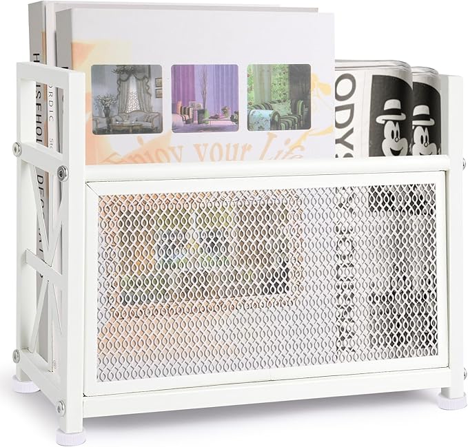 White Magazine Holder, Metal Magazine Rack Floor, Magazine Storage Basket, Mesh Magazine File Holder, Magazine Holders for Shelves，Magazine Stand for Desk, Folder Organizer Bin for Magazines