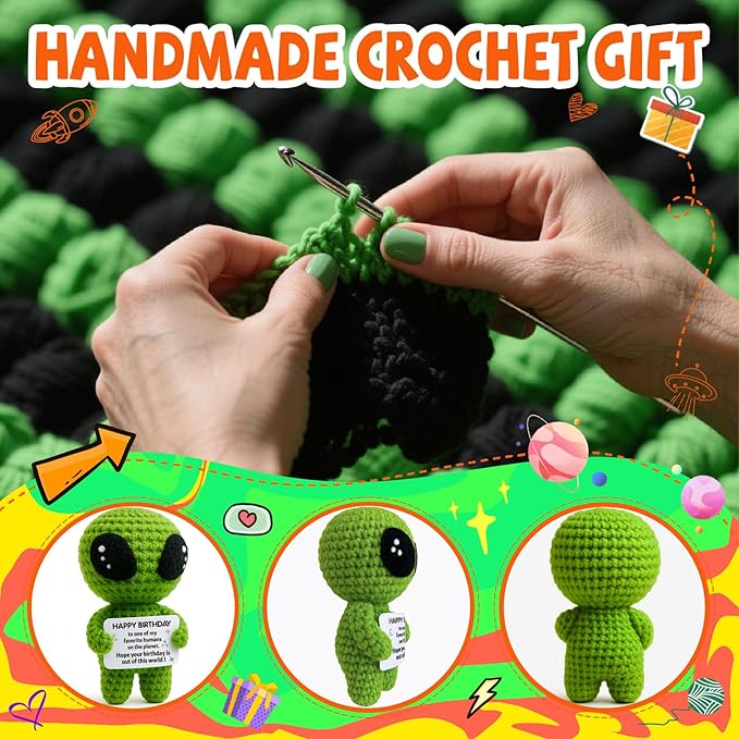 MAMAGIFTREE Birthday Gifts for Man Woman - Handmade Crochet Alien with Inspirational Funny Birthday Card - Small Bday Stuff for Friends, Teens, Coworkers