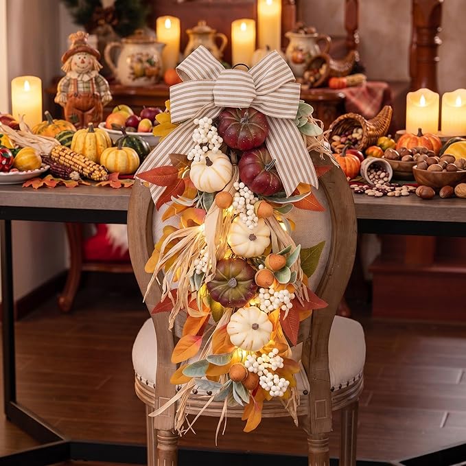 Valery Madelyn 24 inch Fall Pumpkin Teardrop Swag Autumn Harvest Door Hanger with Striped Bow, Mini Pumpkins, Eucalyptus, Raffia & Berry Sprays for Front Door, Mantel Thanksgiving Table Centerpiece