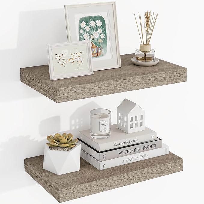 Acovy 16 Inch Floating Shelves, 3D Textured Wood Grain, 16"x9.25"x1.5" Inch Deep Floating Shelves for Wall, Wooden Shelves for Bathroom, Bedroom, Living Room, Vintage Gray Oak, 2 Pieces