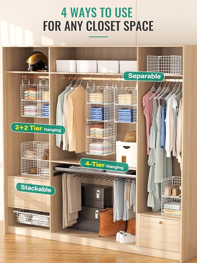 Hanging Closet Organizer, 4 Tier Metal Closet Organizers and Storage with 4 Hanging Hooks 4 S-Hooks for Wardrobe Laundry Room, Wire Storage Shelf for Clothes Sweaters Pants (White)