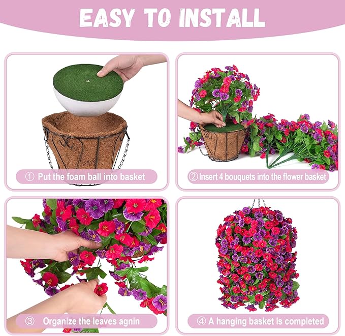 Artificial Flowers with Hanging Basket, Outdoor Faux Plants Silk Morning Glory Vines, Fake Green Arrangement for Garden Patio Spring Summer Decor(Hot Pink Purple)
