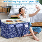 HomeHacks Moving Bags, Extra Large Size Moving Boxes, Heavy Duty Luggage Bags with Smooth Zipper and Sturdy Handles, Large Capacity & Easy Loading Storage Totes for Space Saver 100L, 10-Pack, Blue