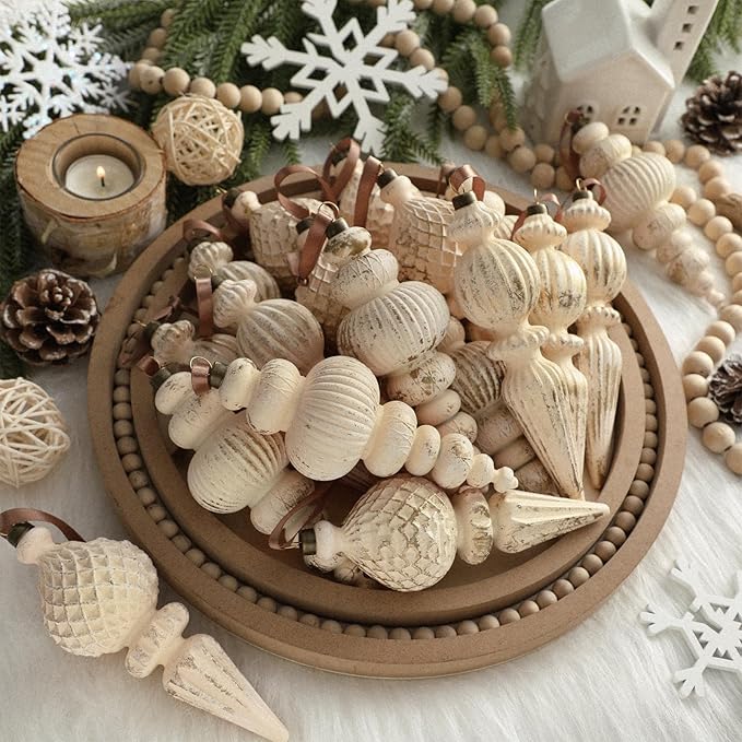 Yunlly 18 Pcs Neutral Christmas Ornaments Textured Christmas Tree Decor with Hanging Loop Modern Brown Hanging Ornaments Finial Shatterproof Decor for Xmas Vintage Rustic Farmhouse (Retro White)