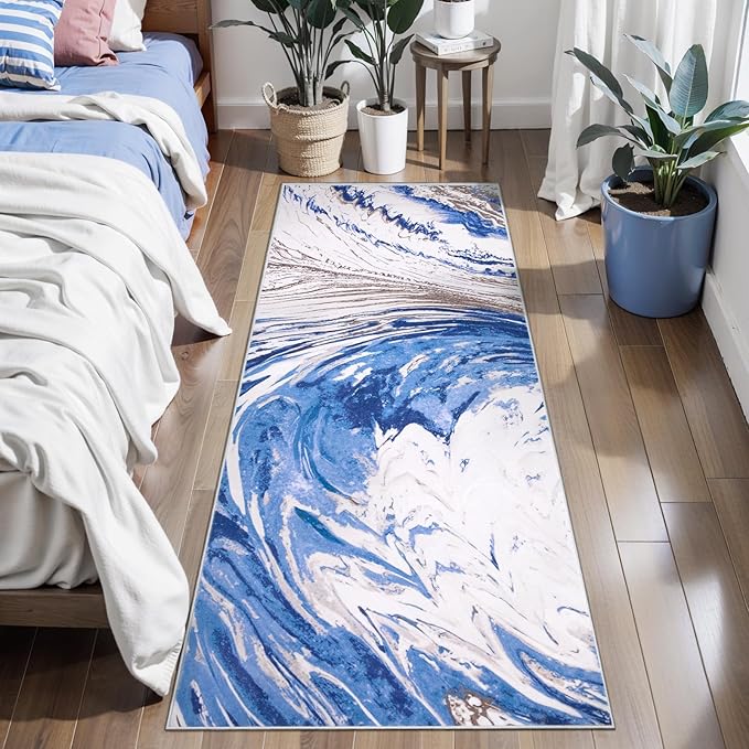 Ciicool 2x6 Washable Runner Rug, Modern Abstract Swirl Soft Hallway Rugs Runner, Non-Slip Thin Accent Rug Lightweight Blue Brown Print Distressed Carpet for Laundry Entryway Bedroom Kitchen Indoor