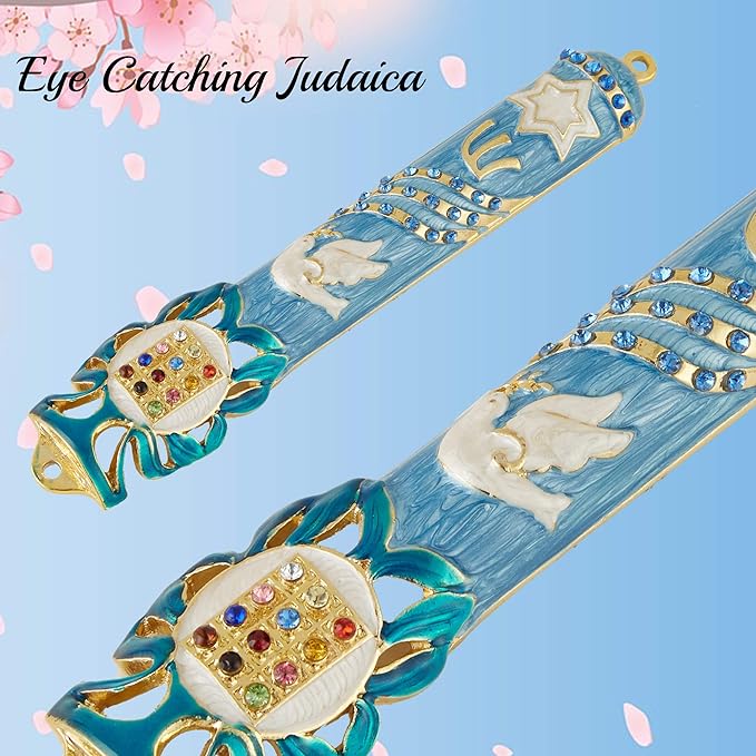 Matashi Hand Painted Light Blue Enamel Mezuzah Case Embellished with Star of David, Peace Dove, and Priestly Hoshen Breastplate with Blue Crystals - Jewish Home Door Decor, Housewarming Judaica Gift