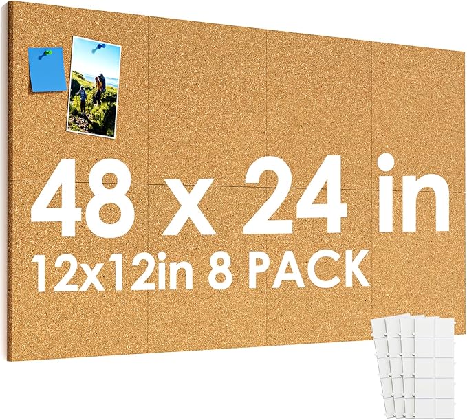 MaxGear Large Cork Board for Wall 48" x 24", 8 Pack Cork Board Tiles with 20 Pushpins & Safe Removable Adhesive Tabs, 12" x 12" Corkboards for Office, School, Home
