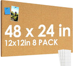 MaxGear Large Cork Board for Wall 48" x 24", 8 Pack Cork Board Tiles with 20 Pushpins & Safe Removable Adhesive Tabs, 12" x 12" Corkboards for Office, School, Home