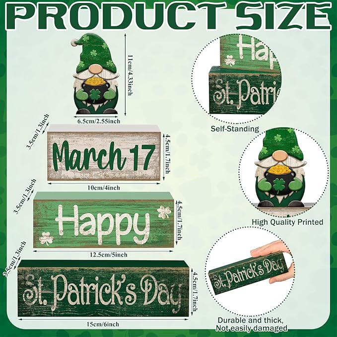 Lineshading 4 Pcs St Patricks Day Table Decoration Wooden St Patrick's Day Gnomes Tiered Tray Decor Irish Centerpiece Green Lucky Gnomes Block Signs Gifts for Saint Patty's Party Home Kitchen