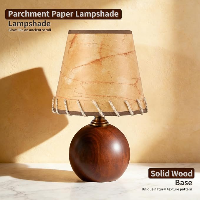 Mid-Century Modern Table Lamp, Spherical Solid Walnut Wood Base, Imitation Parchment Shade with Hand-Stitched Rope, 3-Color Dimmable LED Bedside Lamp for Nightstand & Japandi Decor