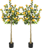Bellacat 5ft Artificial Camellia Tree with Silk Orange Flowers, 60in Faux Camellia Plant with Lifelike Trunk, Fake Flower Tree Potted Front Door Plants for Porch Patio Deck Living Room Decor, 2Pack