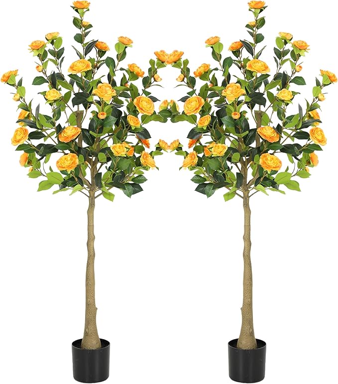 Bellacat 5ft Artificial Camellia Tree with Silk Orange Flowers, 60in Faux Camellia Plant with Lifelike Trunk, Fake Flower Tree Potted Front Door Plants for Porch Patio Deck Living Room Decor, 2Pack
