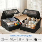 2 Pack Hat Storage for Baseball Caps, Holds up to 48 Caps, Stackable Hat Organizer for Closet, Dustproof Hat Box with Clear Window, Hollow Board Support & 2 Handles, Flip-Top Access (Black)
