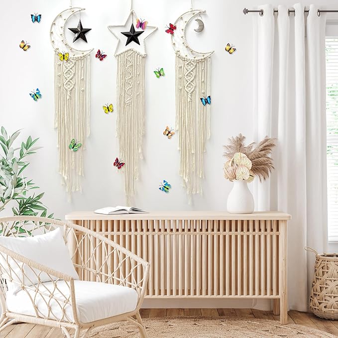 Macrame Moon Star Dream Catcher Decor for Girl, Boho Crescent Dreamcatcher Bohemian Wall Hanging Dream Catcher with Star Pendant for Home Bedroom Craft Decoration(3pcs)