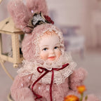 8 Inch Rabbit Hand-Painted Porcelain Face Doll with Plush ＆ Acrylic Cotton Body, Mini Kawaii High-Color Makeup Ceramic Doll for Room Decor, Birthday Gifts, Collectible，Name Jade