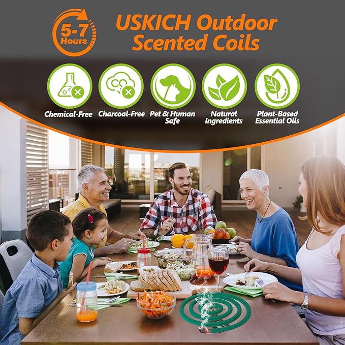 Natural Essential Oil Scented Coils for Outdoor Use, Fresh Aroma, Burns 5-7 Hours, 20 Coils & 2 Stands for Patio Backyard