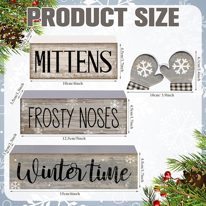 Lineshading 4 Pcs Winter Table Decorations Wooden Mittens Decor Winter Tiered Tray Decor Rustic Snowflake Mittens Block Signs Gift Farmhouse Christmas Centerpiece for Wonderland Party Kitchen Home