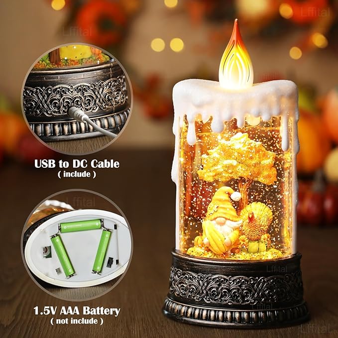 Fall Snow Globe Lantern Fall Decor Candle Shape with Gnome and Turkey, Lighted Thanksgiving Decorations with Timer Swirling Glitter for Tabletop Autumn Festival Harvest Day