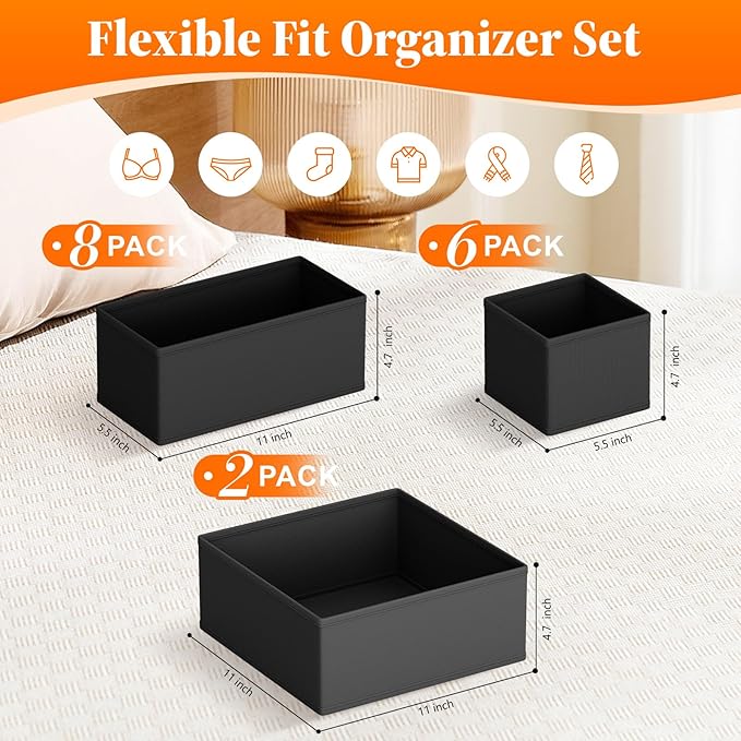 Drawer Organizer Clothes, 16 Pack Drawer Organizers and Underwear Organizer for Nursery, Dividers Clothes Organizer, Closet Organization and Foldable Storage Bins for Sock, Bra, Tie, Black
