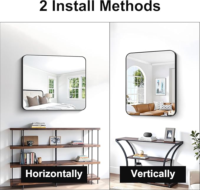 BONEWEI 30x36 inch Bathroom Mirror 2-Pack,Black Rectangle Mirror,Wall Mounted Bathroom Frame Vanity Mirror with Round Corner for Bedroom Living Room, Entryway Hangs Horizontal or Vertical